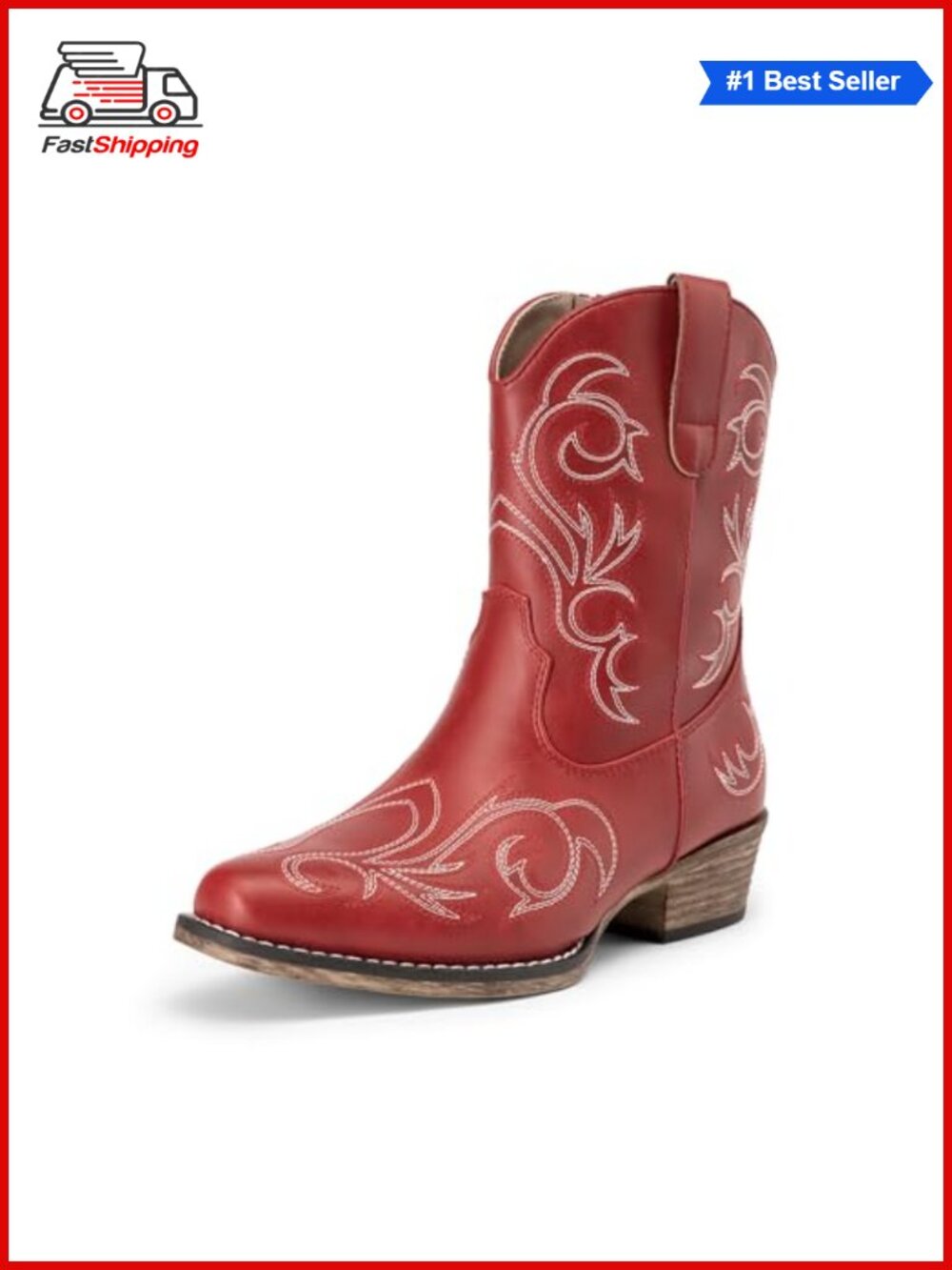 ✨ Western Ankle Boots Cowboy Faux Leather Square Toe Zip Embroidered